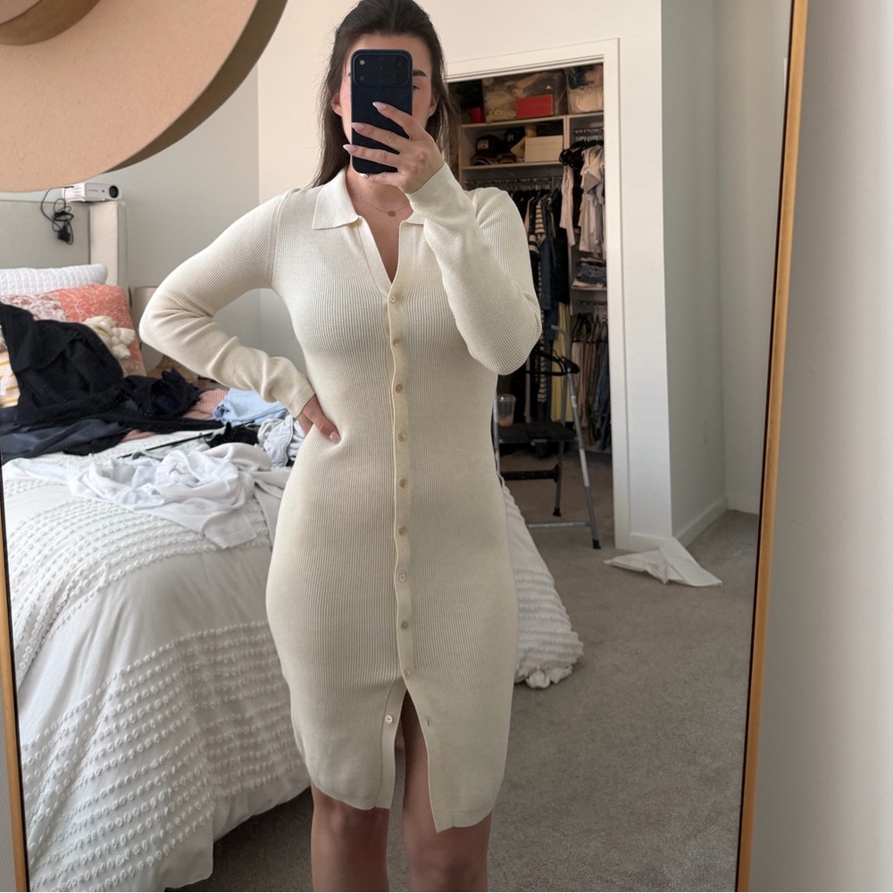 Wilfred Cream Long Sleeve Button-Front Ribbed Midi Dress